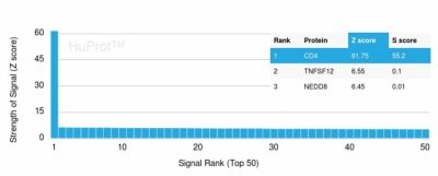 Analysis of Protein Array containing more than 19,000 full-length human proteins using CD4 Mouse Monoclonal Antibody (CD4/3027). Z- and S- Score: The Z-score represents the strength of a signal that a monoclonal antibody (Monoclonal Antibody) (in combination with a fluorescently-tagged anti-IgG secondary antibody) produces when binding to a particular protein on the HuProtTM array. Z-scores are described in units of standard deviations (SDs) above the mean value of all signals generated on that array. If targets on HuProtTM are arranged in descending order of the Z-score, the S-score is the difference (also in units of SDs) between the Z-score. S-score therefore represents the relative target specificity of a Monoclonal Antibody to its intended target. A Monoclonal Antibody is considered to specific to its intended target, if the Monoclonal Antibody has an S-score of at least 2.5. For example, if a Monoclonal Antibody binds to protein X with a Z-score of 43 and to protein Y with a Z-score of 14, then the S-score for the binding of that Monoclonal Antibody to protein X is equal to 29.